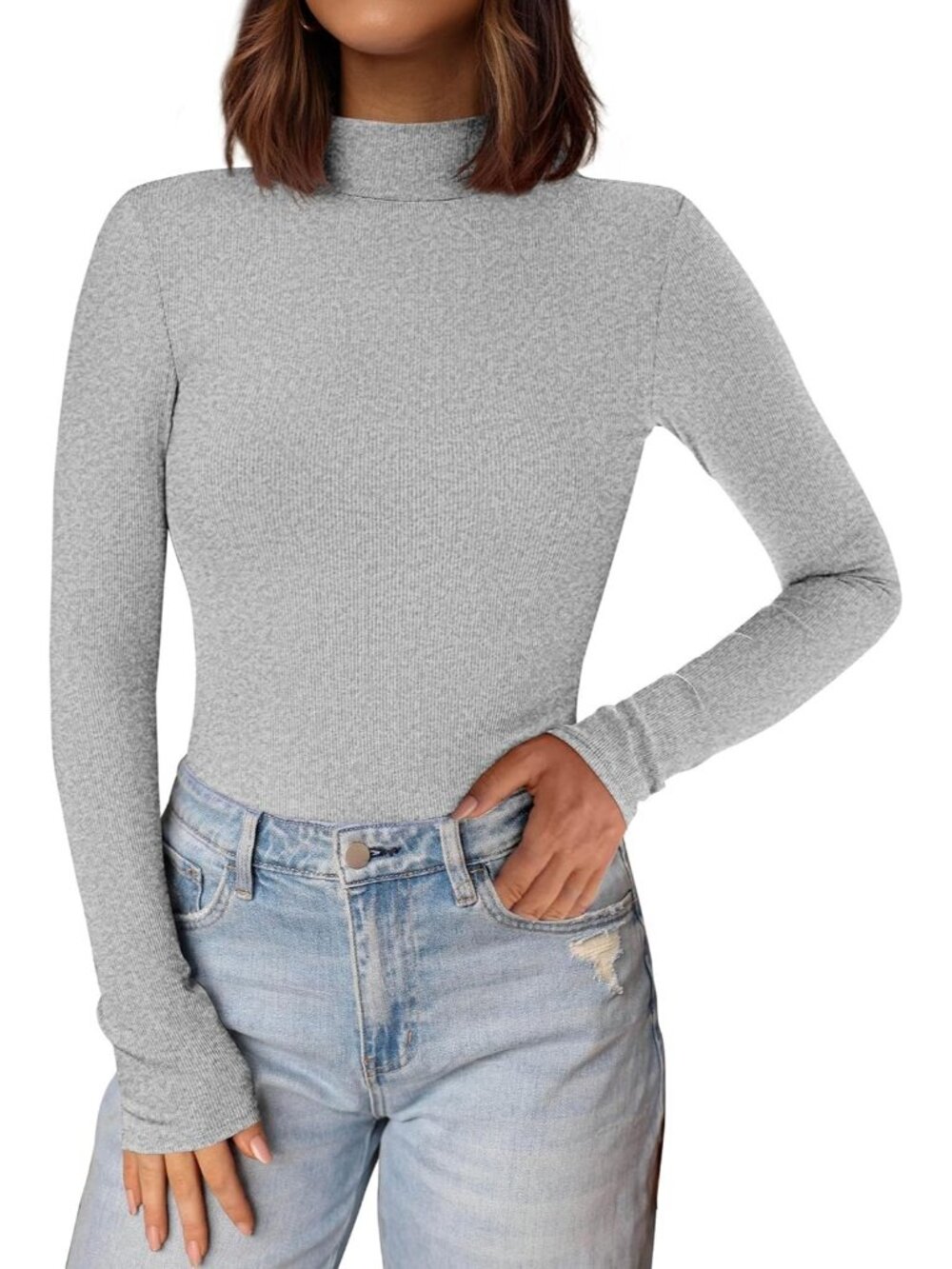 Women's Grey Ribbed Knit Mock Turtleneck Long Sleeve Undershirts Slim Fit Top